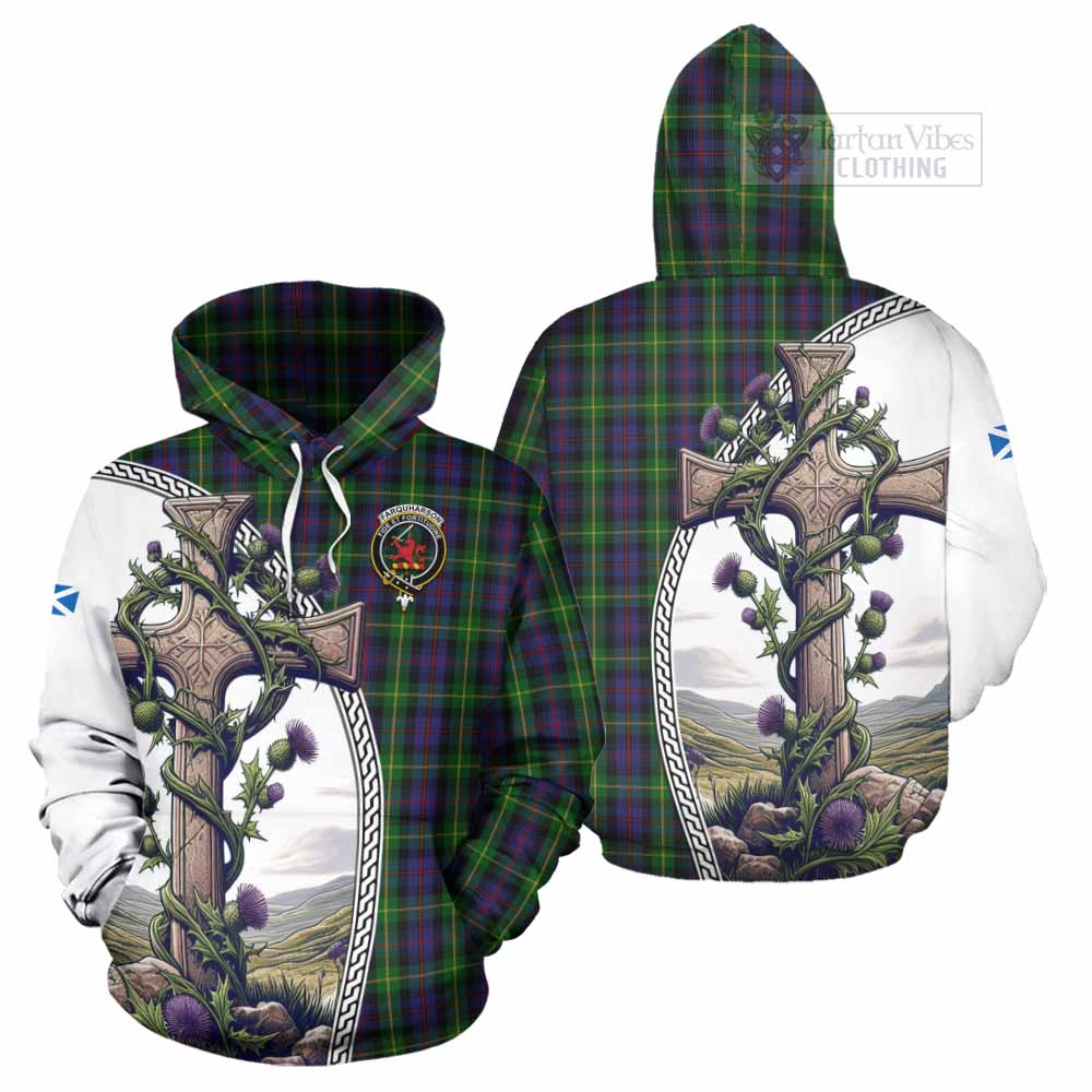 Tartan Vibes Clothing Farquharson Tartan Hoodie with Family Crest and St. Andrew's Cross Accented by Thistle Vines
