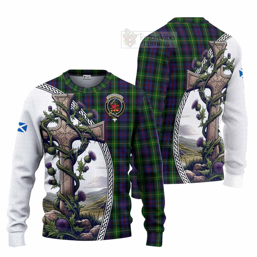 Tartan Vibes Clothing Farquharson Tartan Knitted Sweater with Family Crest and St. Andrew's Cross Accented by Thistle Vines