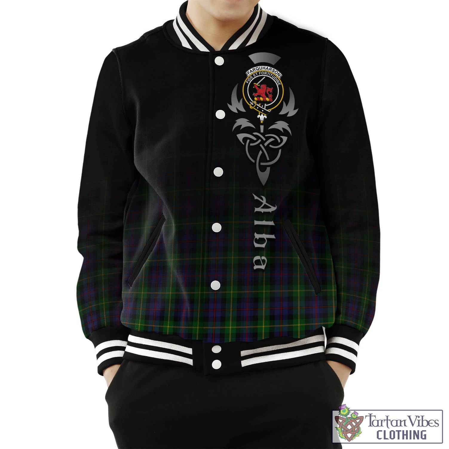 Tartan Vibes Clothing Farquharson Tartan Baseball Jacket Featuring Alba Gu Brath Family Crest Celtic Inspired