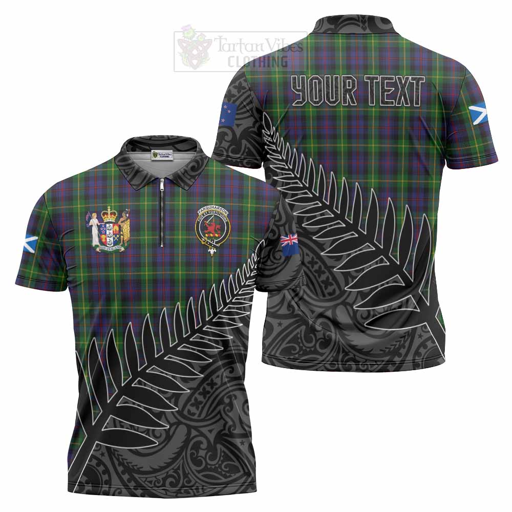 Tartan Vibes Clothing Farquharson Crest Tartan Zipper Polo Shirt with New Zealand Silver Fern Half Style