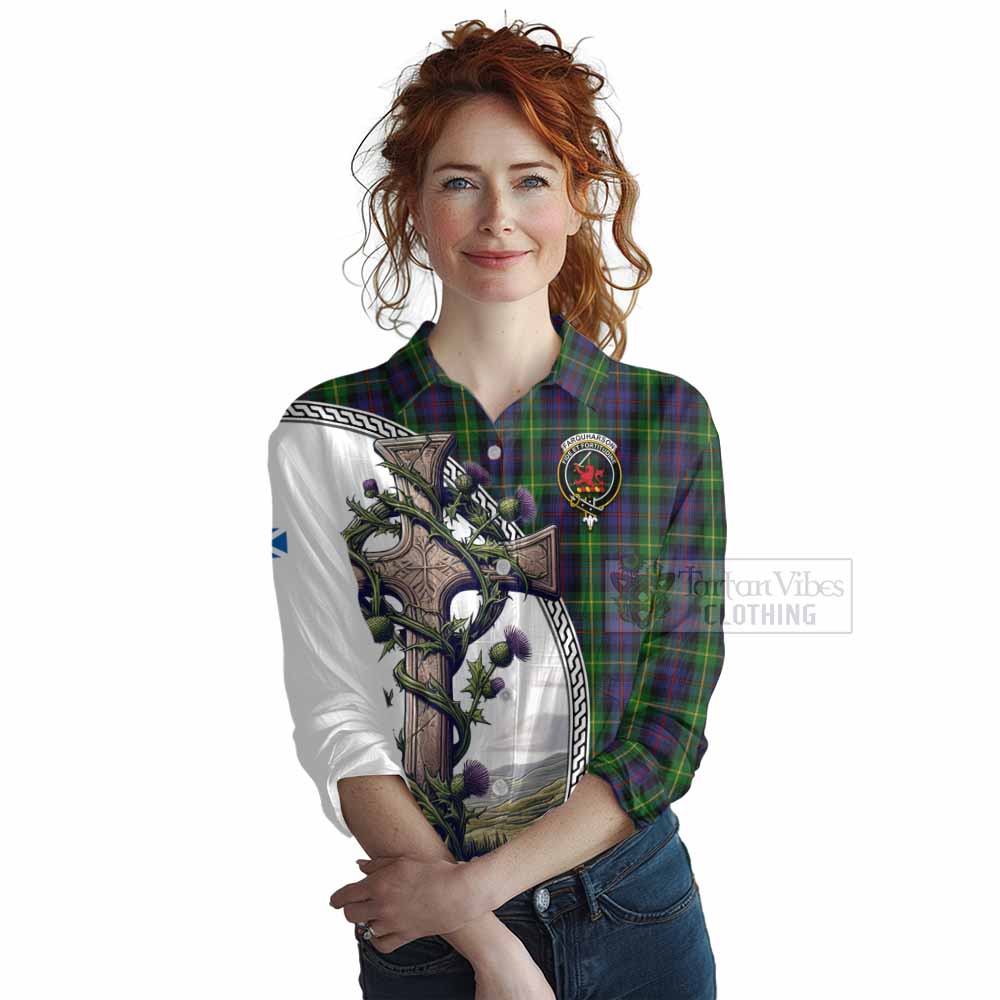 Tartan Vibes Clothing Farquharson Tartan Women's Casual Shirt with Family Crest and St. Andrew's Cross Accented by Thistle Vines
