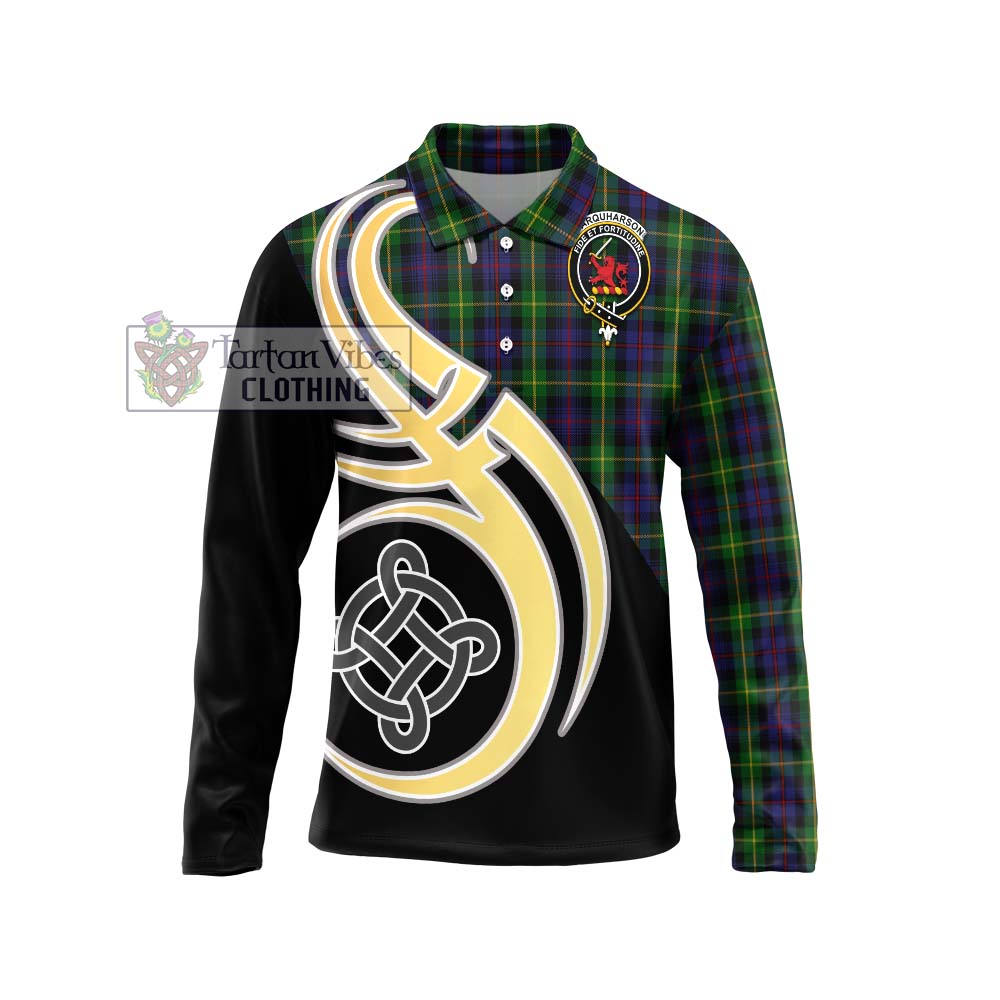 Farquharson Tartan Long Sleeve Polo Shirt with Family Crest and Celtic Symbol Style Unisex - Tartan Vibes Clothing