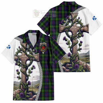 Farquharson Tartan Hawaiian Shirt with Family Crest and St. Andrew's Cross Accented by Thistle Vines