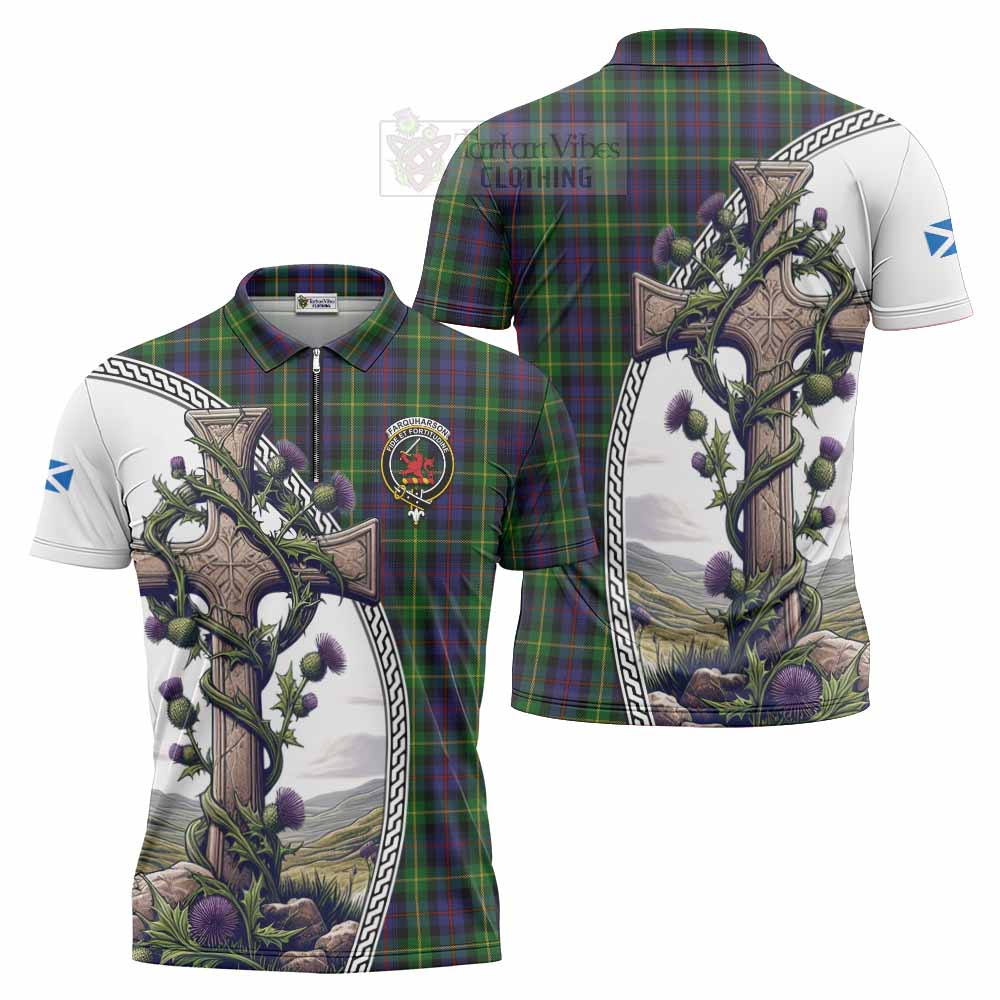 Tartan Vibes Clothing Farquharson Tartan Zipper Polo Shirt with Family Crest and St. Andrew's Cross Accented by Thistle Vines