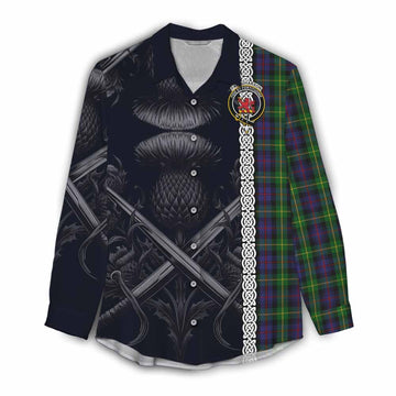 Tartan Vibes Clothing Farquharson Tartan Women's Casual Shirt with Family Crest Cross Sword Thistle Celtic Vibes