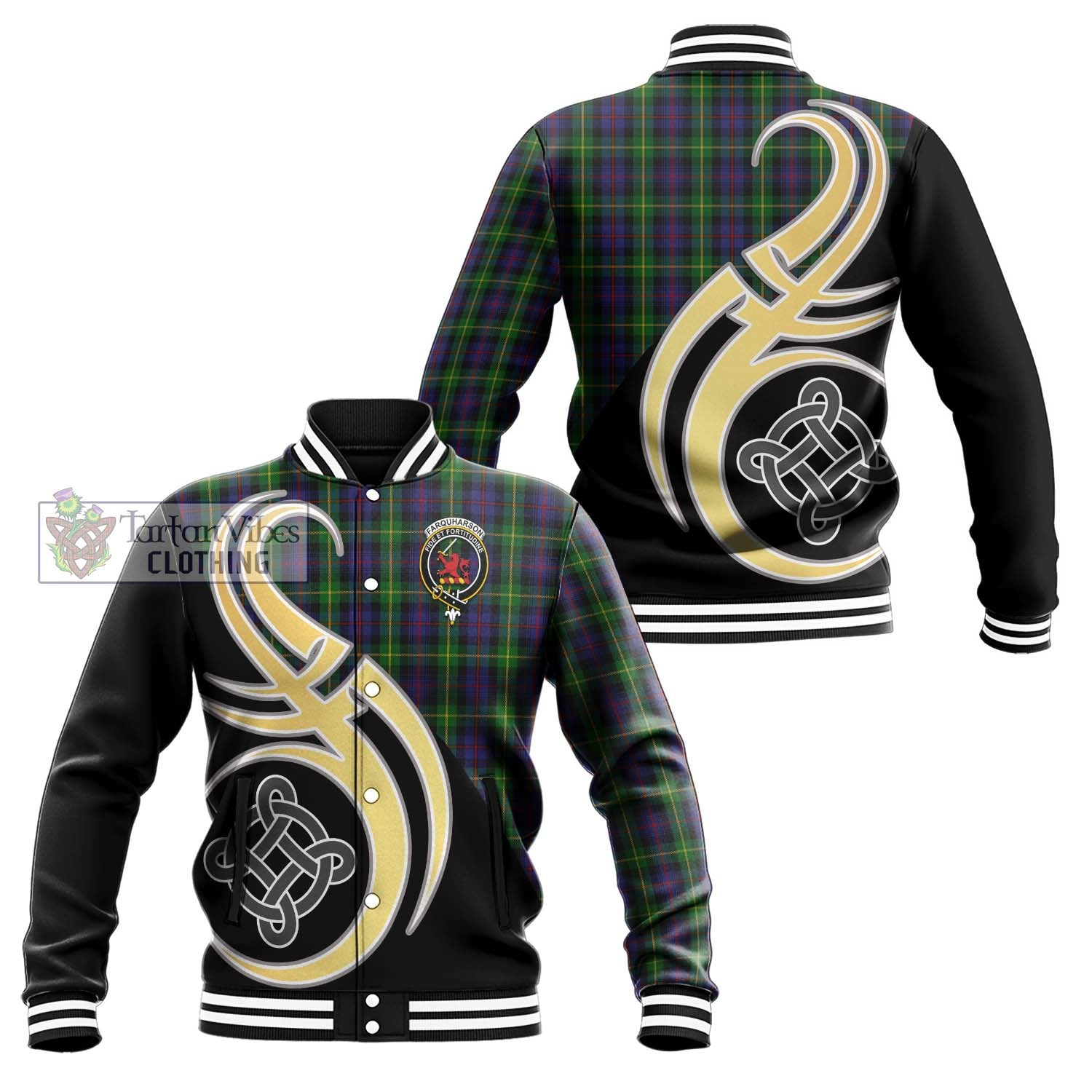 Farquharson Tartan Baseball Jacket with Family Crest and Celtic Symbol Style Unisex - Tartan Vibes Clothing
