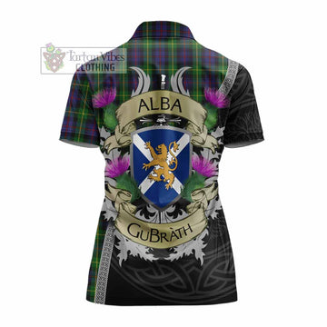 Farquharson Tartan Family Crest Women's Polo Shirt Lion Rampant Royal Thistle Shield Celtic Inspired