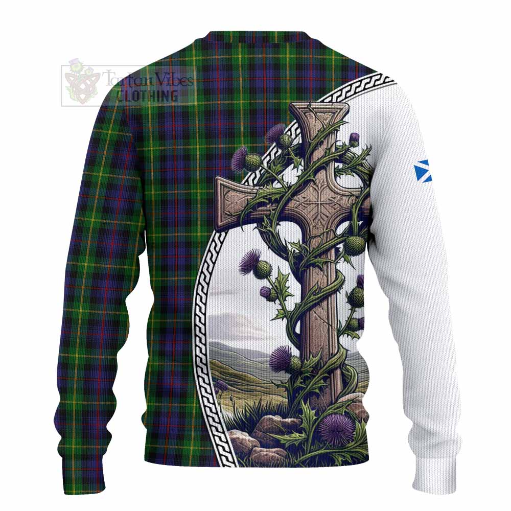 Tartan Vibes Clothing Farquharson Tartan Knitted Sweater with Family Crest and St. Andrew's Cross Accented by Thistle Vines