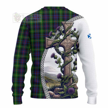 Farquharson Tartan Knitted Sweater with Family Crest and St. Andrew's Cross Accented by Thistle Vines