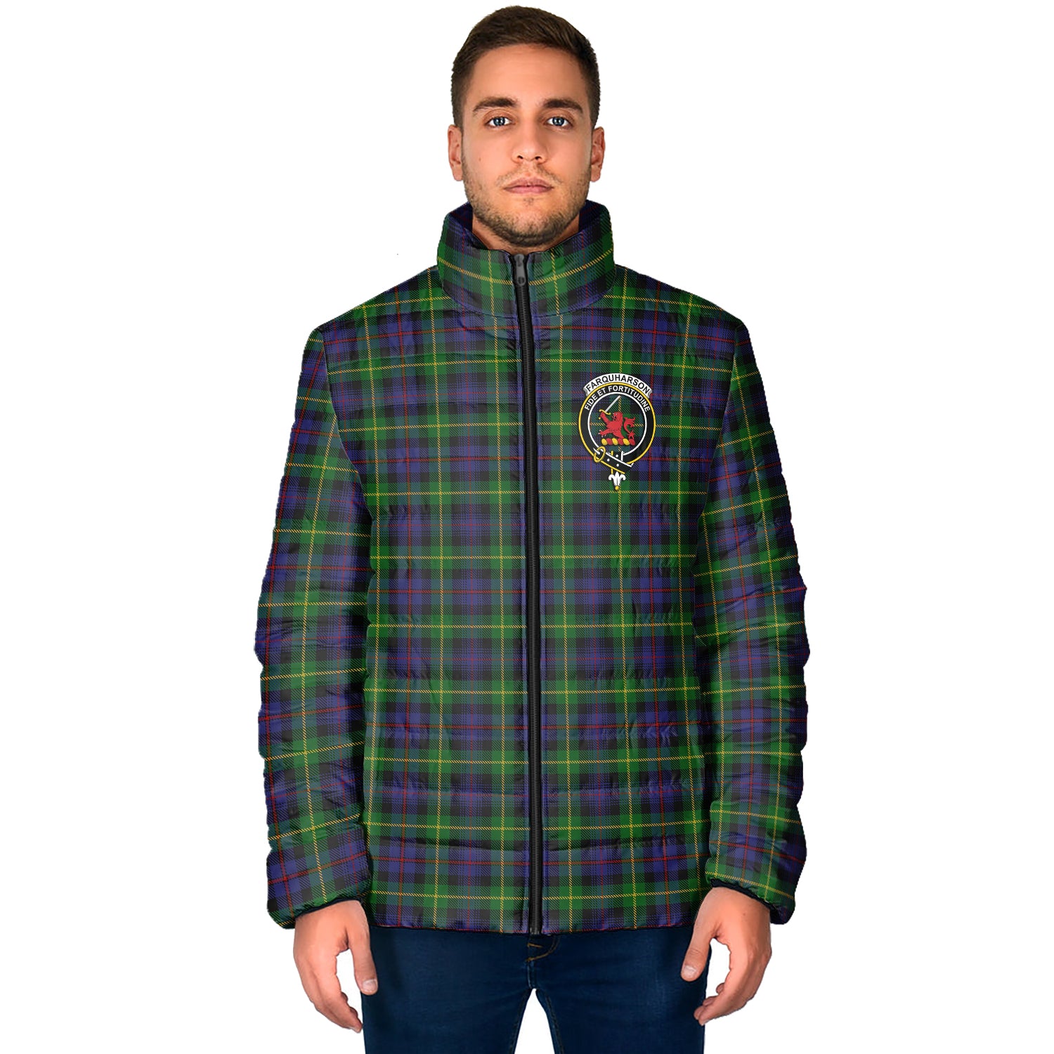 Farquharson Tartan Padded Jacket with Family Crest - Tartan Vibes Clothing
