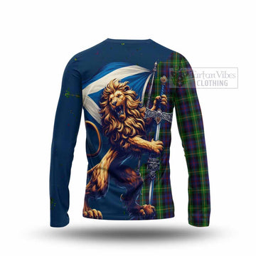 Tartan Vibes Clothing Farquharson Tartan Family Crest Long Sleeve T-Shirt with Scottish Majestic Lion
