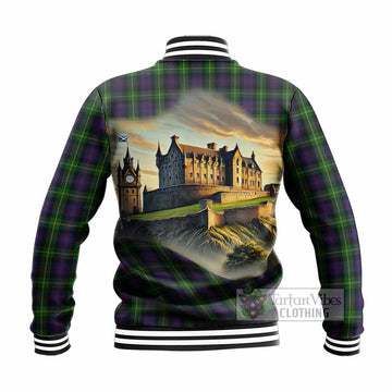 Tartan Vibes Clothing Farquharson Tartan Family Crest Baseball Jacket with Scottish Ancient Castle Style