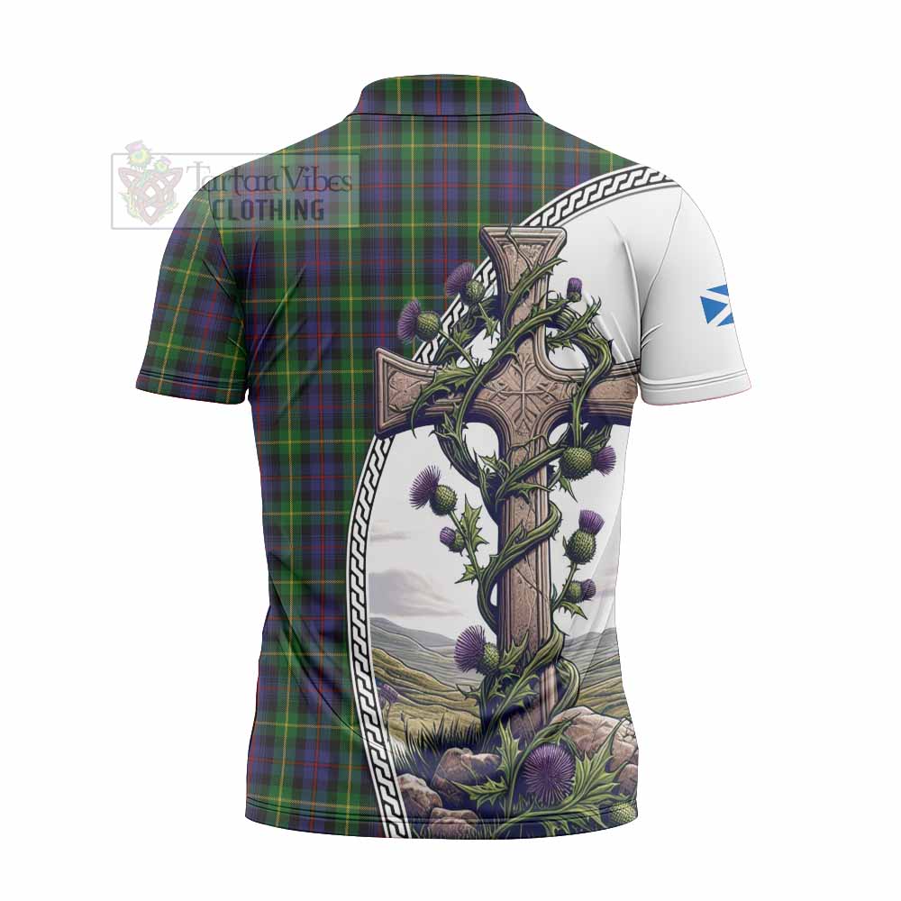 Tartan Vibes Clothing Farquharson Tartan Zipper Polo Shirt with Family Crest and St. Andrew's Cross Accented by Thistle Vines