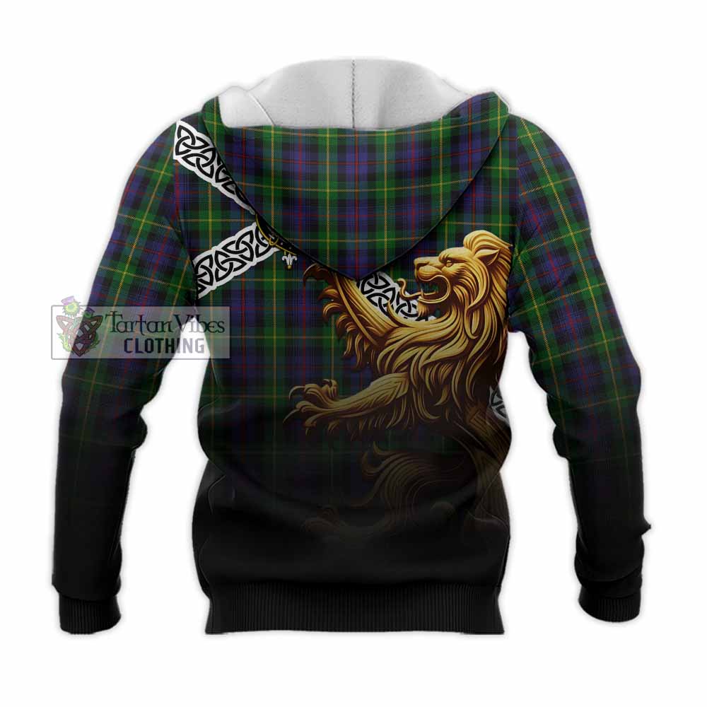 Tartan Vibes Clothing Farquharson Crest Tartan Knitted Hoodie with Golden Lion Emblem Celtic Style