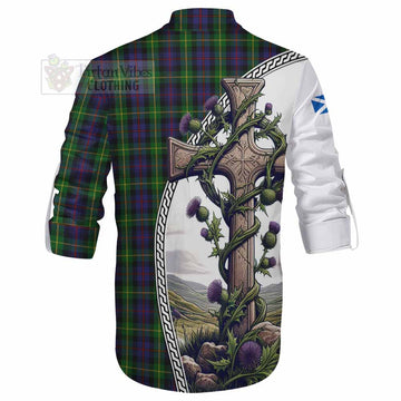 Farquharson Tartan Ghillie Kilt Shirt with Family Crest and St. Andrew's Cross Accented by Thistle Vines