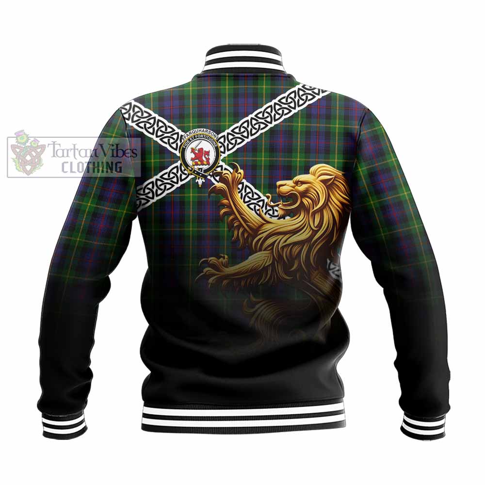 Tartan Vibes Clothing Farquharson Crest Tartan Baseball Jacket with Golden Lion Emblem Celtic Style
