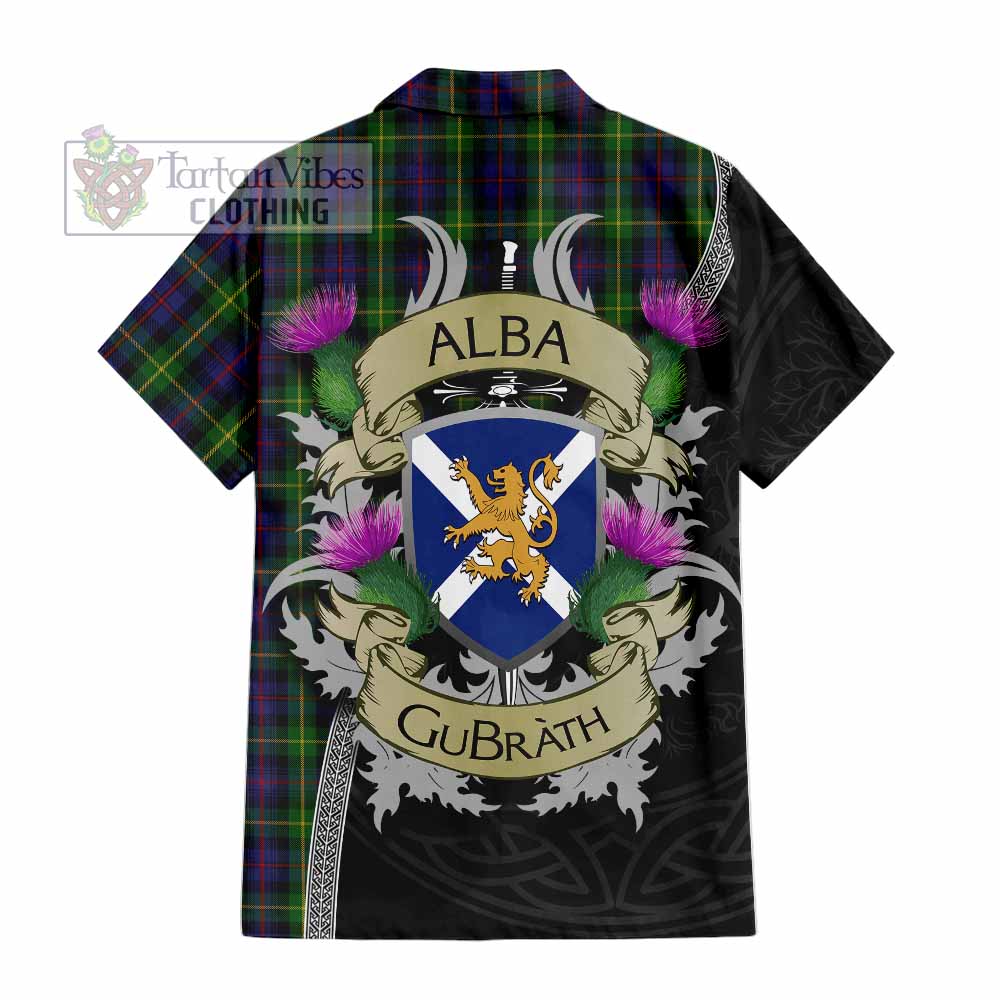 Tartan Vibes Clothing Farquharson Tartan Family Crest Short Sleeve Button Shirt Lion Rampant Royal Thistle Shield Celtic Inspired