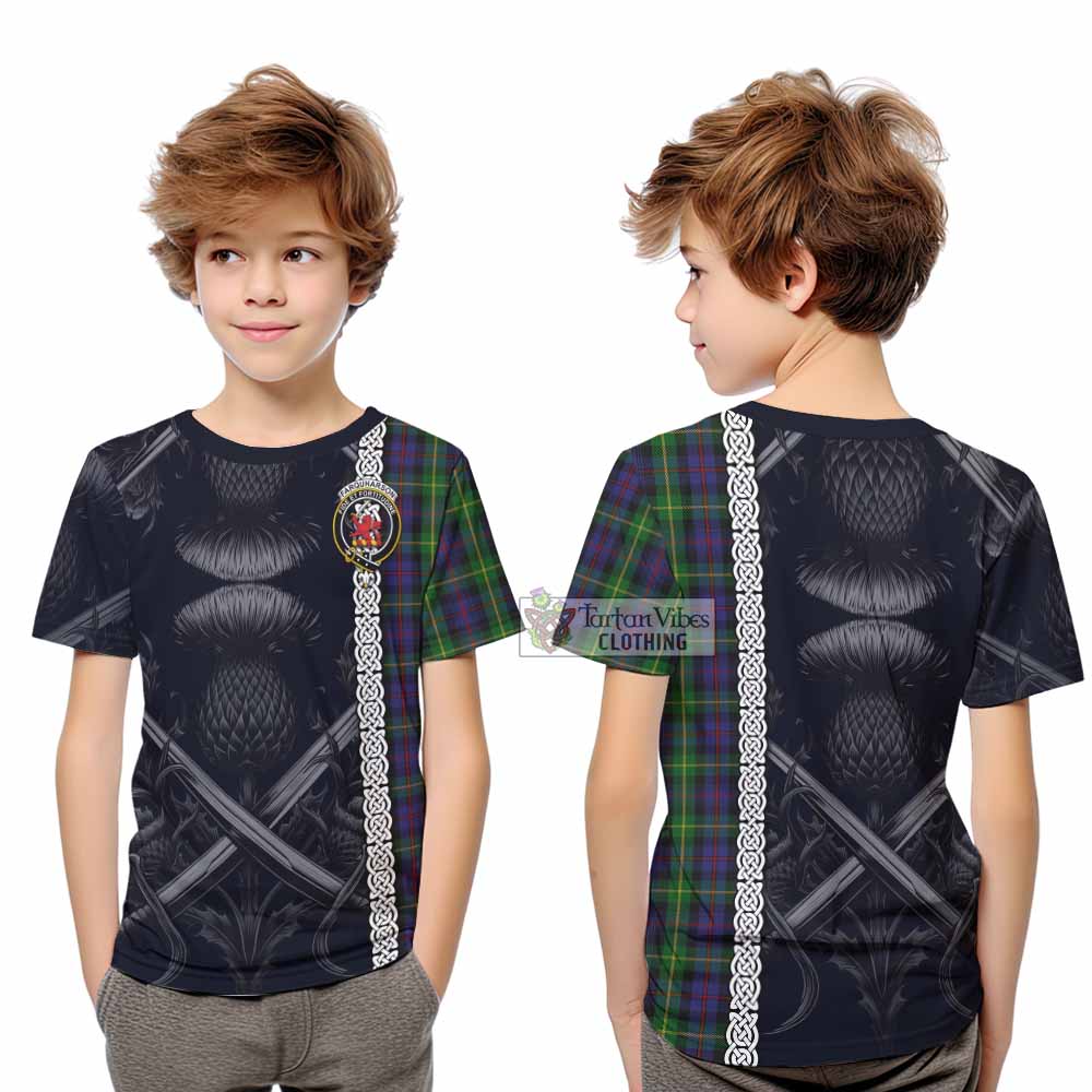 Tartan Vibes Clothing Farquharson Tartan Kid T-Shirt with Family Crest Cross Sword Thistle Celtic Vibes