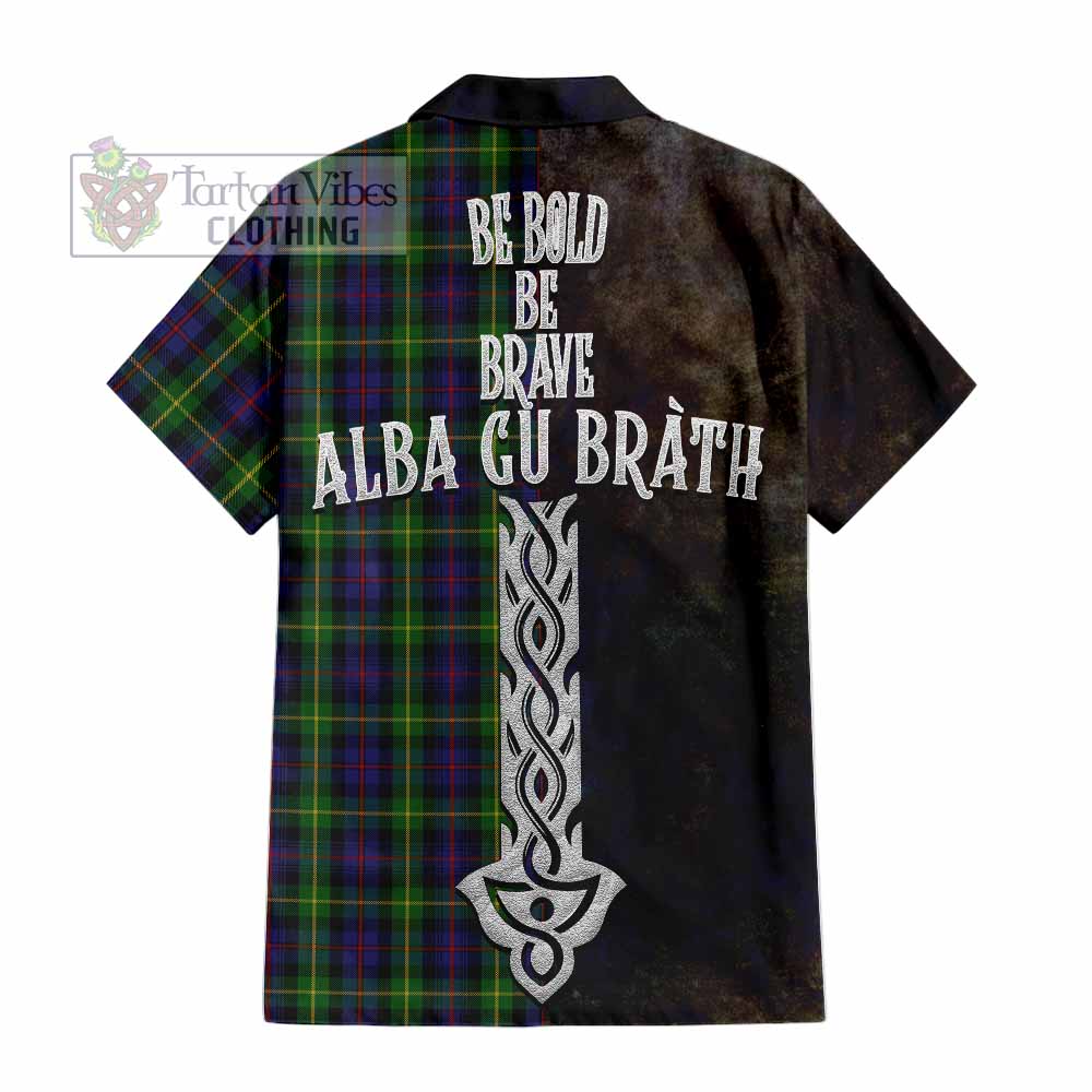 Tartan Vibes Clothing Farquharson Tartan Family Crest Short Sleeve Button Shirt Alba Gu Brath Be Brave Lion Ancient Style