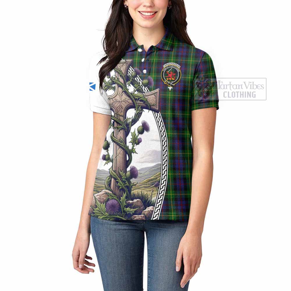 Tartan Vibes Clothing Farquharson Tartan Women's Polo Shirt with Family Crest and St. Andrew's Cross Accented by Thistle Vines