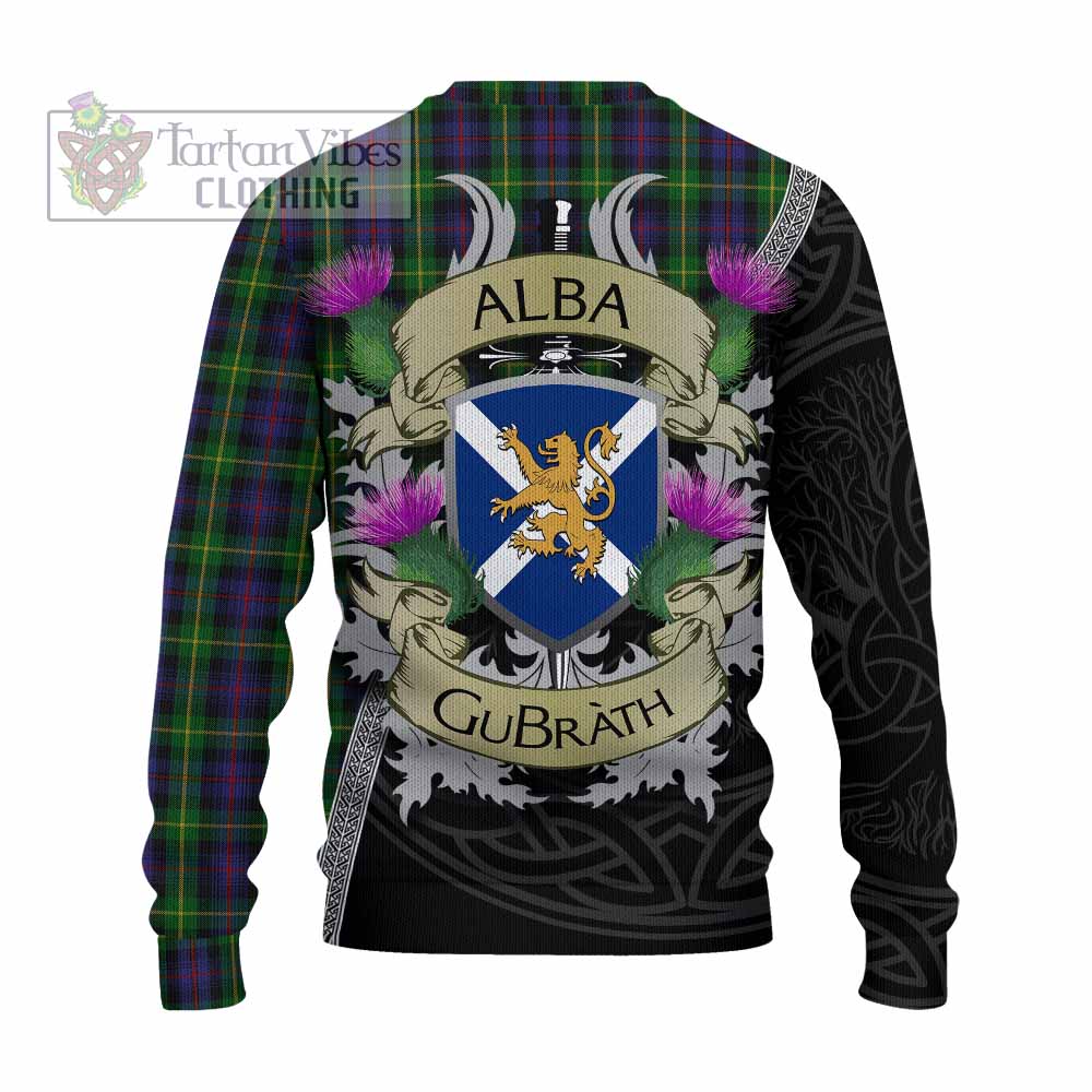 Tartan Vibes Clothing Farquharson Tartan Family Crest Knitted Sweater Lion Rampant Royal Thistle Shield Celtic Inspired