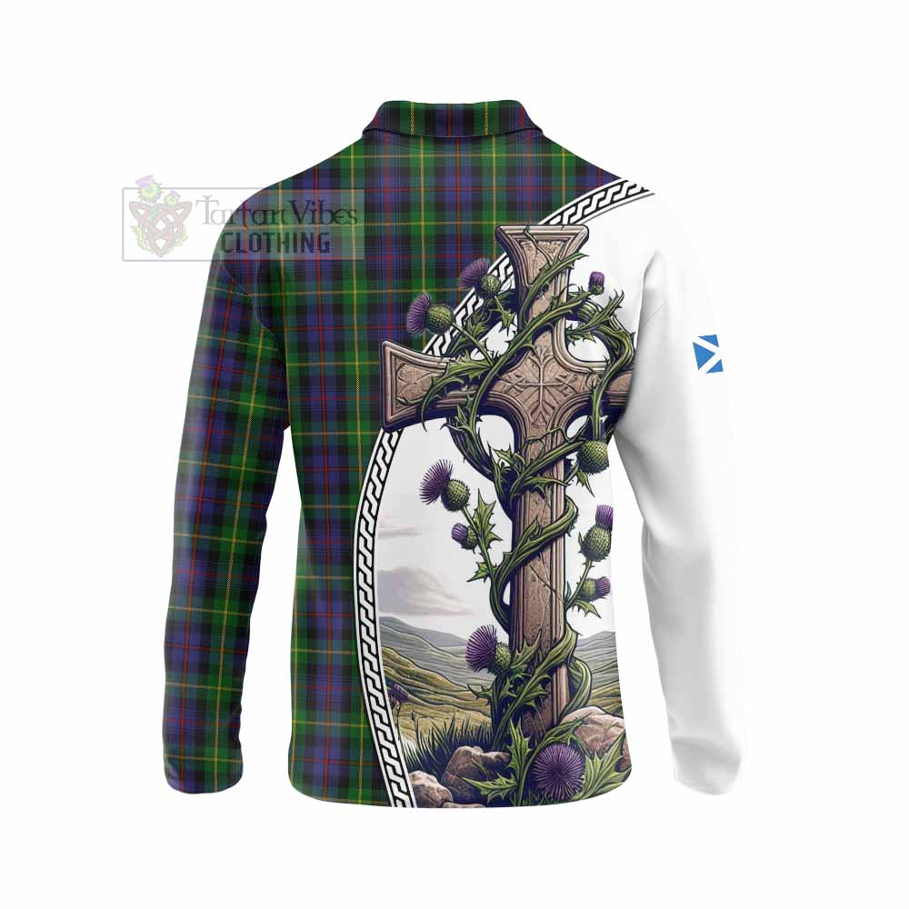 Tartan Vibes Clothing Farquharson Tartan Long Sleeve Polo Shirt with Family Crest and St. Andrew's Cross Accented by Thistle Vines