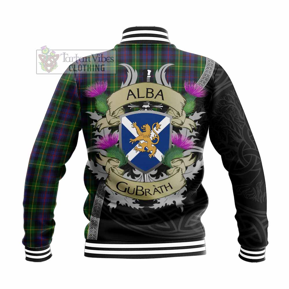 Tartan Vibes Clothing Farquharson Tartan Family Crest Baseball Jacket Lion Rampant Royal Thistle Shield Celtic Inspired