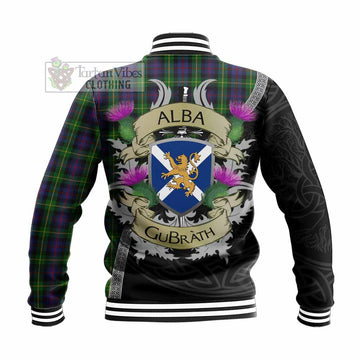 Tartan Vibes Clothing Farquharson Tartan Family Crest Baseball Jacket Lion Rampant Royal Thistle Shield Celtic Inspired
