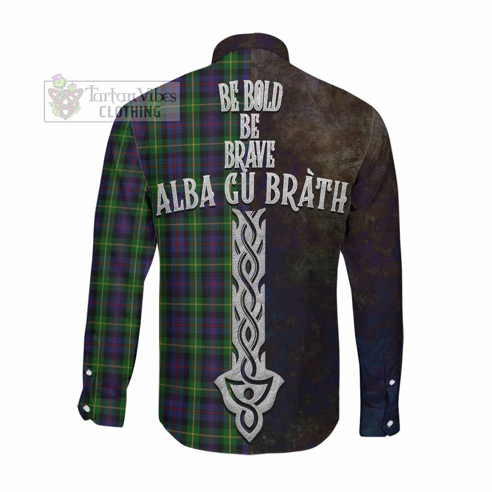Tartan Vibes Clothing Farquharson Tartan Family Crest Long Sleeve Button Shirt Alba Gu Brath Be Brave Lion Ancient Style