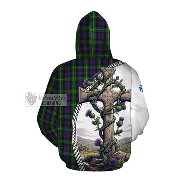 Farquharson Tartan Cotton Hoodie with Family Crest and St. Andrew's Cross Accented by Thistle Vines
