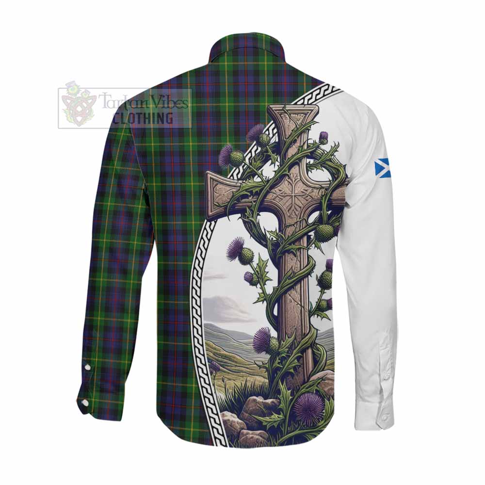 Tartan Vibes Clothing Farquharson Tartan Long Sleeve Button Shirt with Family Crest and St. Andrew's Cross Accented by Thistle Vines