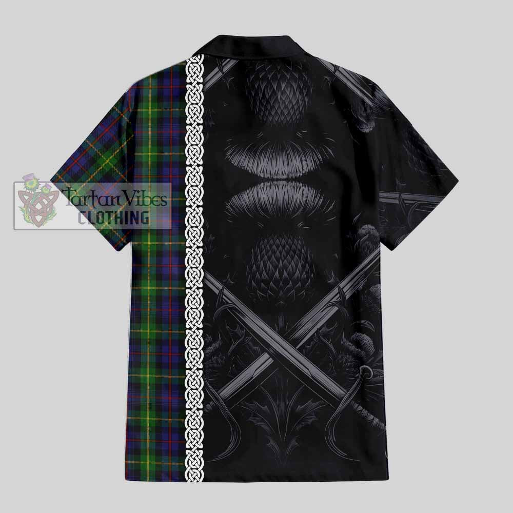 Tartan Vibes Clothing Farquharson Tartan Short Sleeve Button Shirt with Family Crest Cross Sword Thistle Celtic Vibes