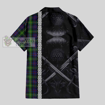 Farquharson Tartan Hawaiian Shirt with Family Crest Cross Sword Thistle Celtic Vibes