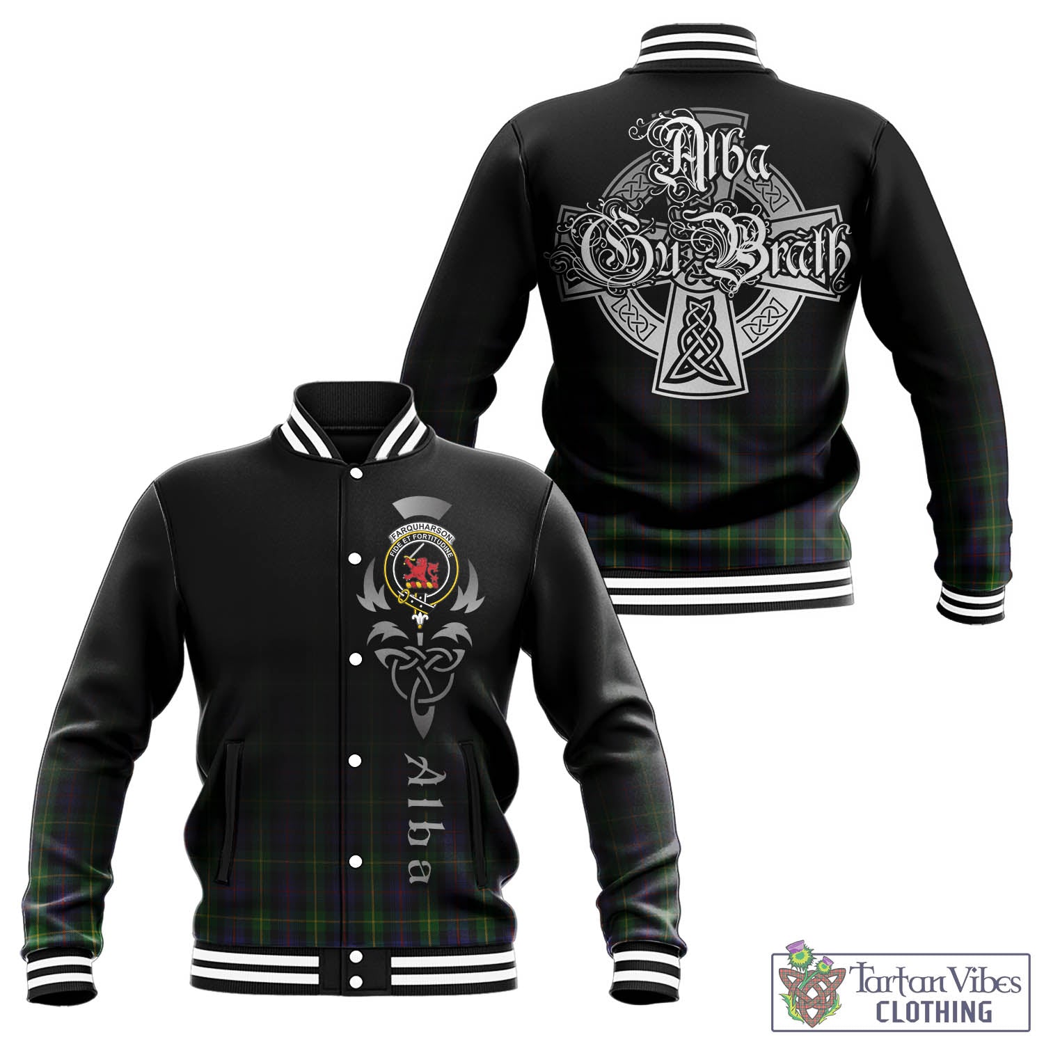 Tartan Vibes Clothing Farquharson Tartan Baseball Jacket Featuring Alba Gu Brath Family Crest Celtic Inspired