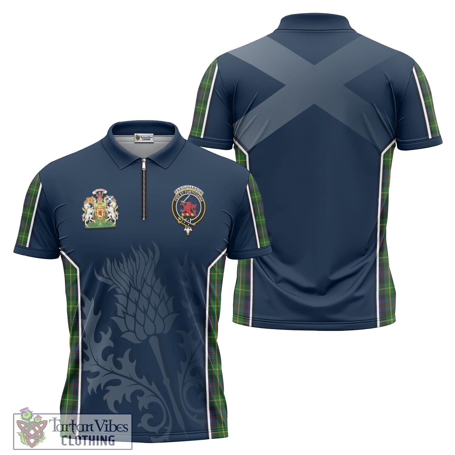 Tartan Vibes Clothing Farquharson Tartan Zipper Polo Shirt with Family Crest and Scottish Thistle Vibes Sport Style