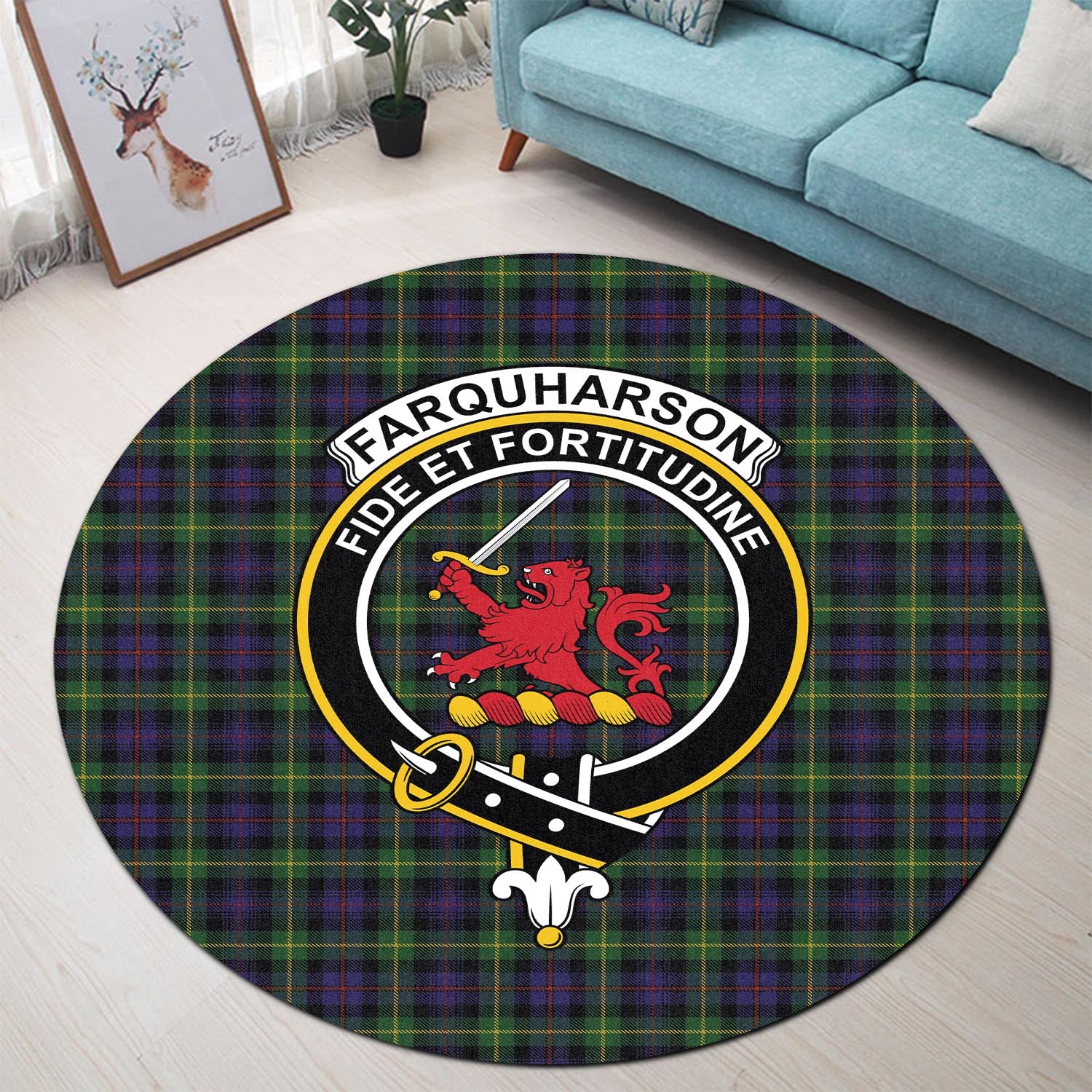 Farquharson Tartan Round Rug with Family Crest - Tartanvibesclothing