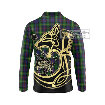 Farquharson Tartan Long Sleeve Polo Shirt with Family Crest Celtic Wolf Style - Tartanvibesclothing Shop