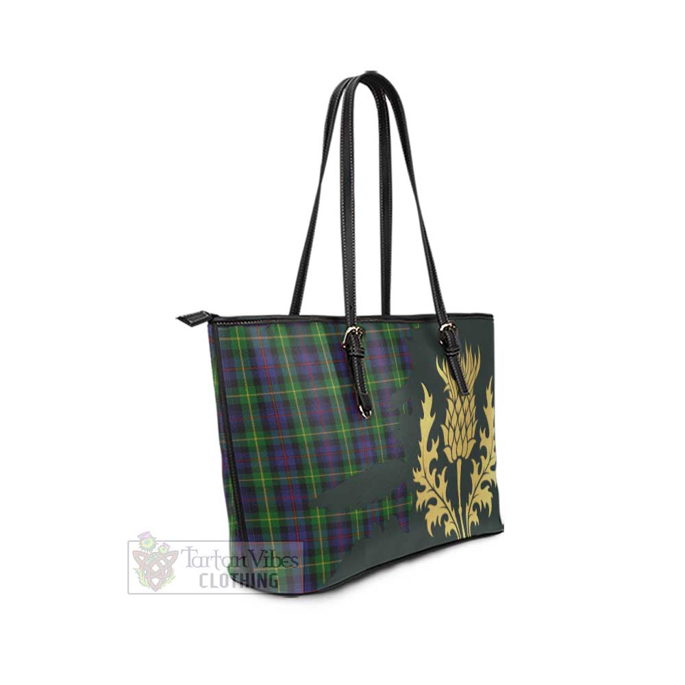 Tartan Vibes Clothing Farquharson Tartan Leather Tote Bag Gold Thistle Style