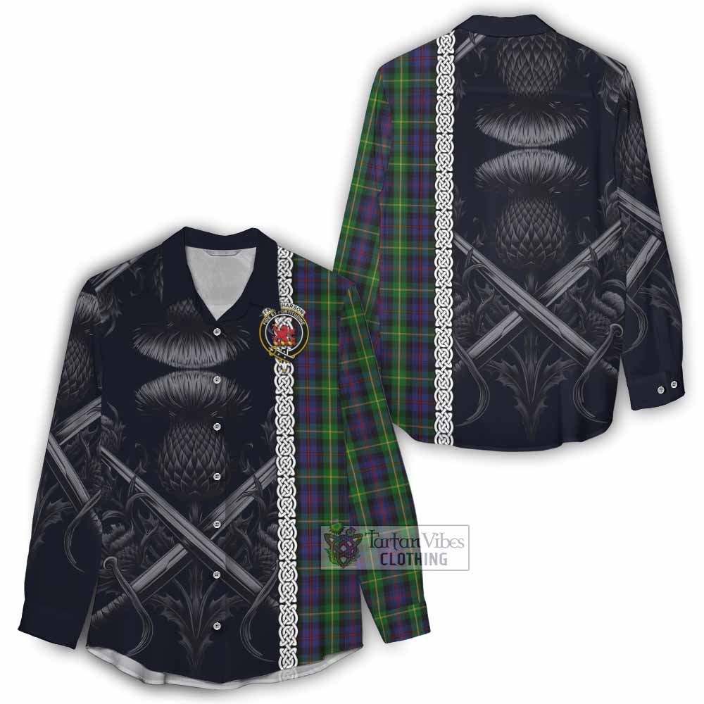 Tartan Vibes Clothing Farquharson Tartan Women's Casual Shirt with Family Crest Cross Sword Thistle Celtic Vibes