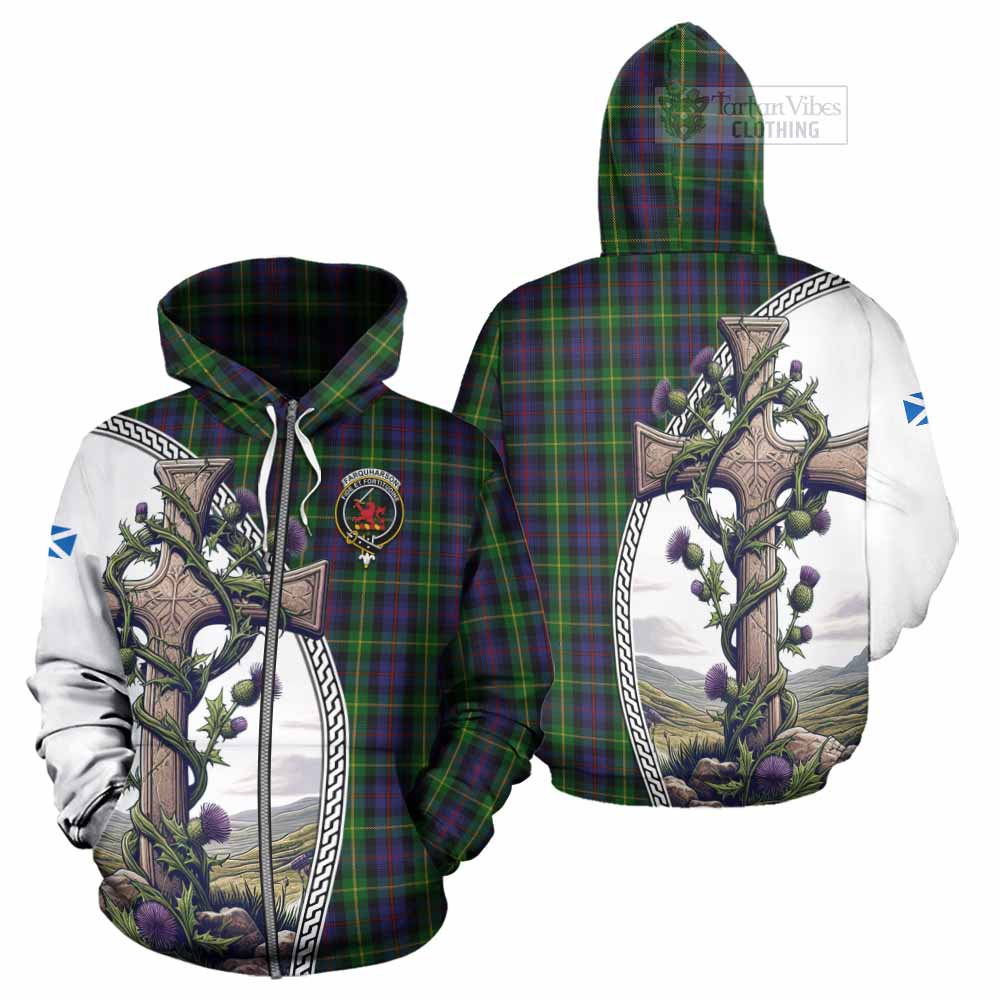 Tartan Vibes Clothing Farquharson Tartan Hoodie with Family Crest and St. Andrew's Cross Accented by Thistle Vines