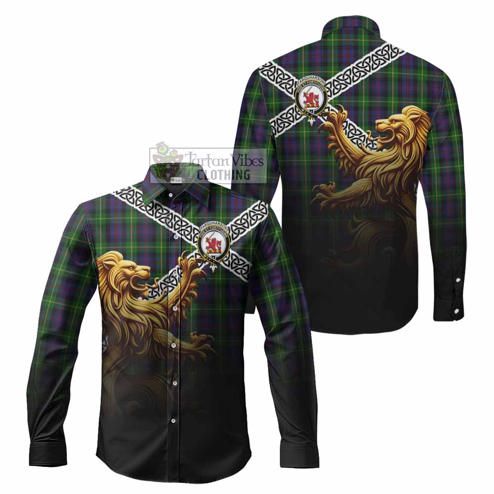 Tartan Vibes Clothing Farquharson Crest Tartan Long Sleeve Button Shirt with Golden Lion Emblem Celtic Style