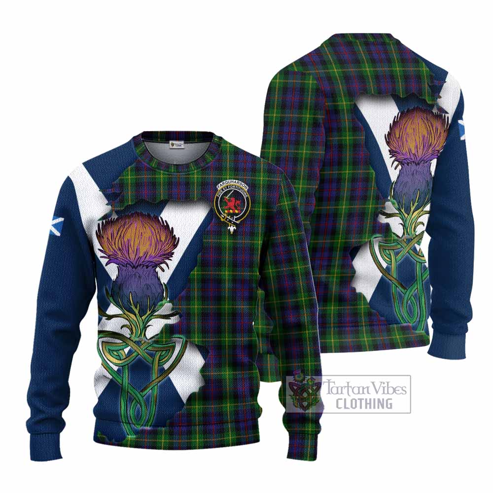 Tartan Vibes Clothing Farquharson Tartan Family Crest Knitted Sweater Scottish Thistle Celtic Inspired
