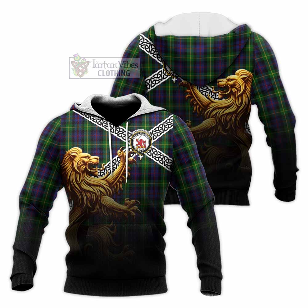Tartan Vibes Clothing Farquharson Crest Tartan Knitted Hoodie with Golden Lion Emblem Celtic Style