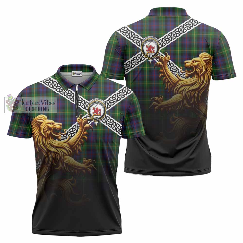 Tartan Vibes Clothing Farquharson Crest Tartan Zipper Polo Shirt with Golden Lion Emblem Celtic Style