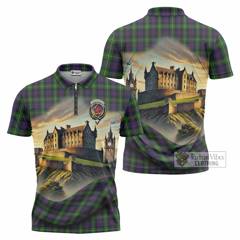 Tartan Vibes Clothing Farquharson Tartan Family Crest Zipper Polo Shirt with Scottish Ancient Castle Stype