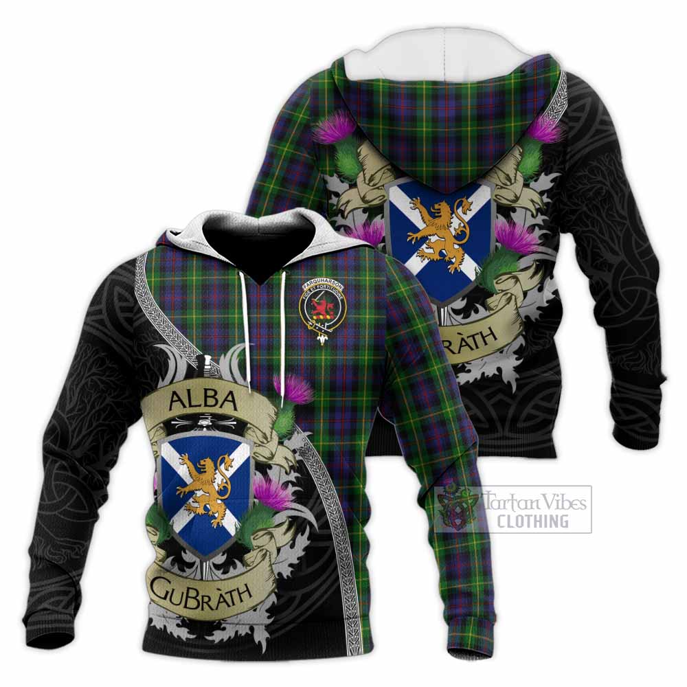 Tartan Vibes Clothing Farquharson Tartan Family Crest Knitted Hoodie Lion Rampant Royal Thistle Shield Celtic Inspired