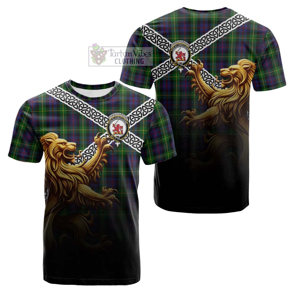 Tartan Vibes Clothing Farquharson Crest Tartan Cotton T-shirt with Golden Lion Emblem Celtic Style