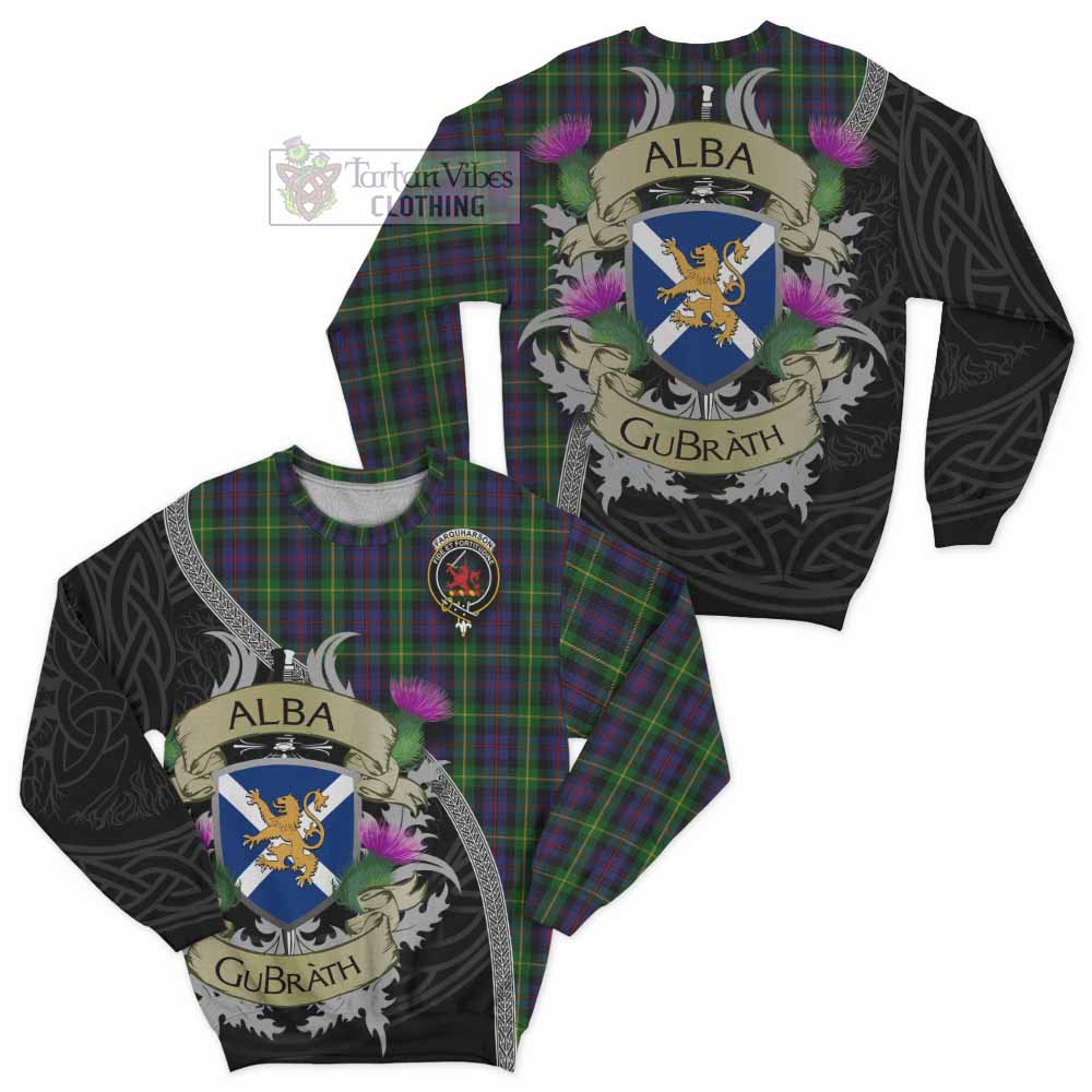 Tartan Vibes Clothing Farquharson Tartan Family Crest Sweatshirt Lion Rampant Royal Thistle Shield Celtic Inspired