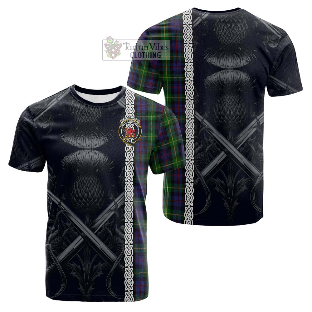 Tartan Vibes Clothing Farquharson Tartan Cotton T-shirt with Family Crest Cross Sword Thistle Celtic Vibes