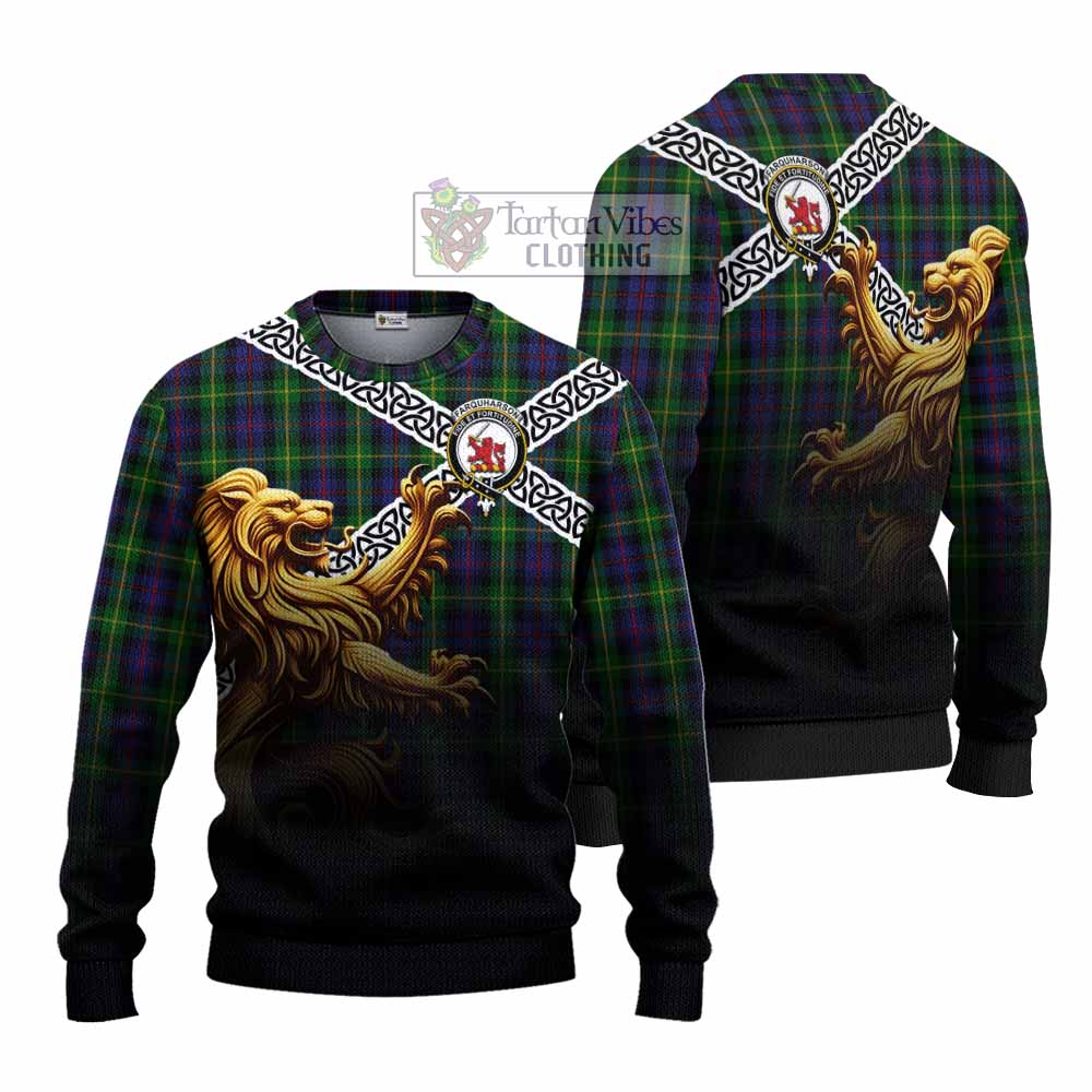 Tartan Vibes Clothing Farquharson Crest Tartan Knitted Sweater with Golden Lion Emblem Celtic Style